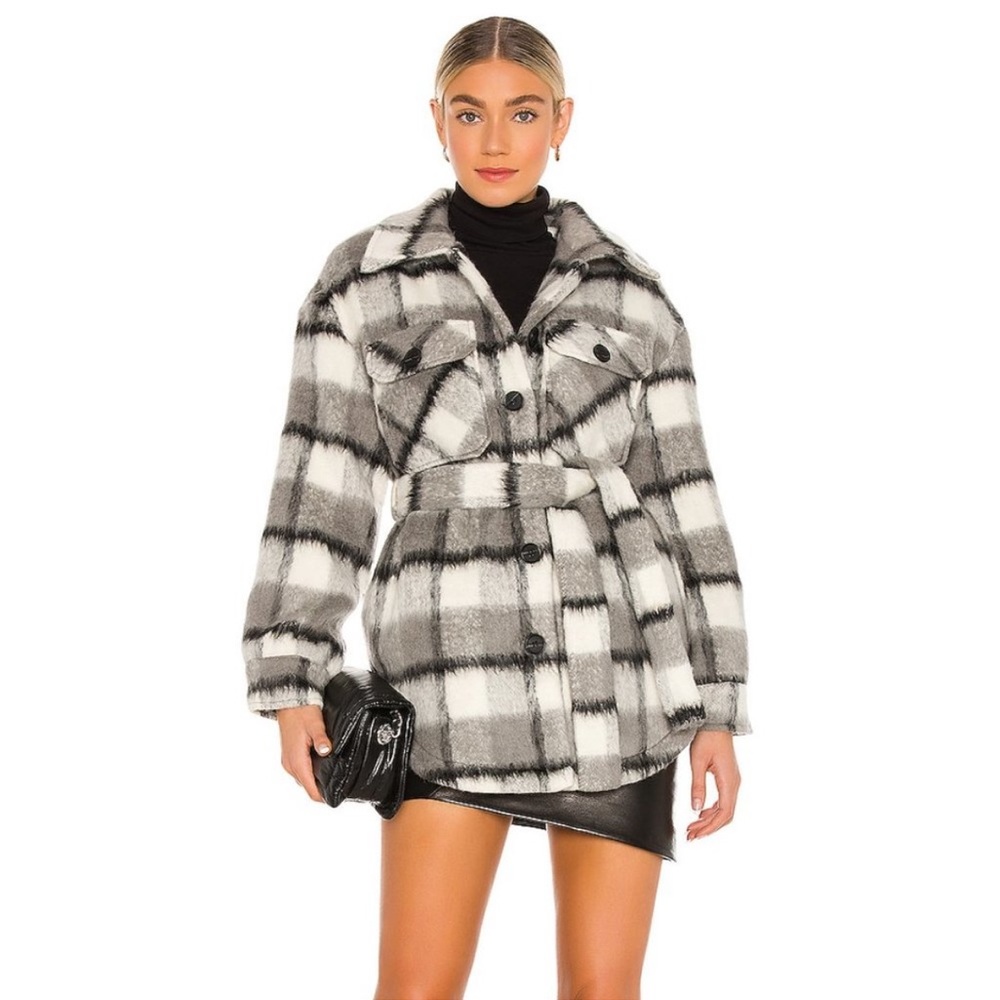 Revolve Line and Dot Black and Gray Brushed Flannel Shacket, Size XSmall